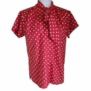 vintage lady holiday red white polka dot bow tie neck blouse short sleeve sz L
